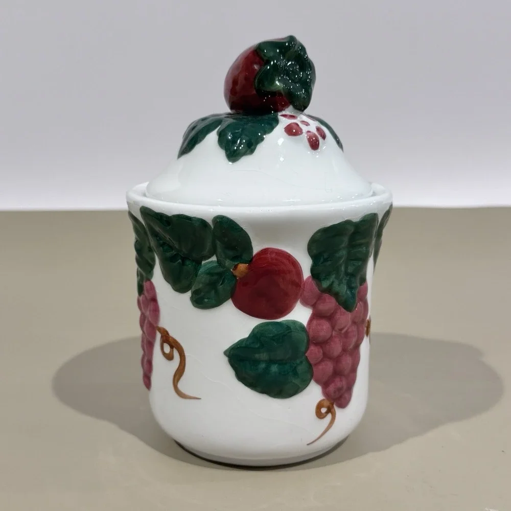 Vintage GHA‎ Small Kitchen Canister W Lid & Seal Grapes Strawberries Pattern